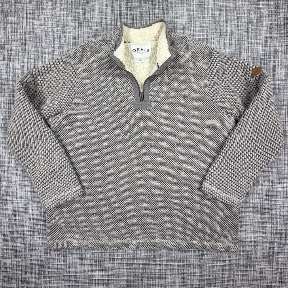 Orvis Mens XXL Gray Sherpa Lined Quarter Zip Fleece Pullover Textured Sweater